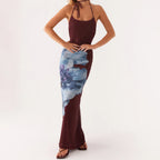 Large Floral Graphic Halter Spaghetti Strap Bodycon Maxi Dress
