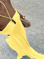 Halter Criss Cross Keyhole Pleated Tiered Ruffle Hem Maxi Dress