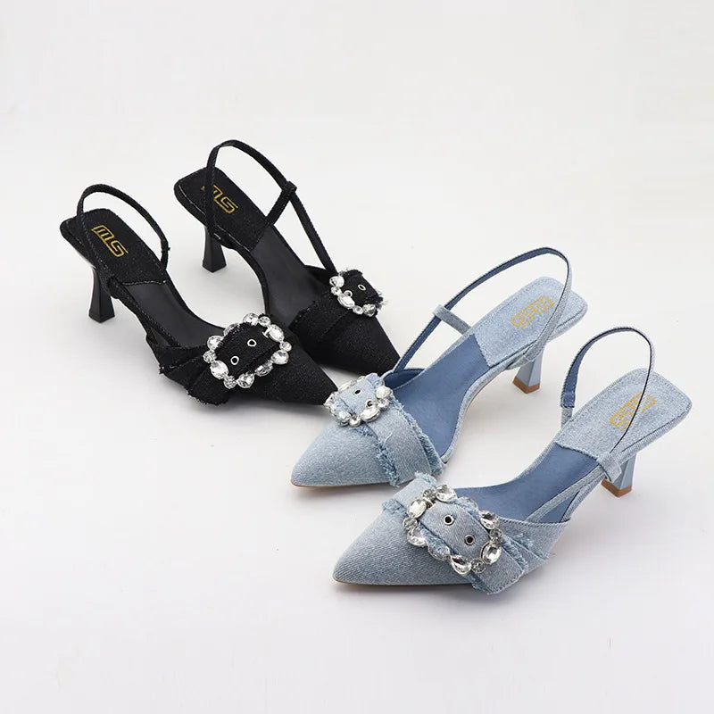 High-heeled denim sandals with rhinestone square buckle for autumn