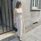 Crew Neck Sleeveless Fitted Bodice Gathered Full Skirt Maxi Dress