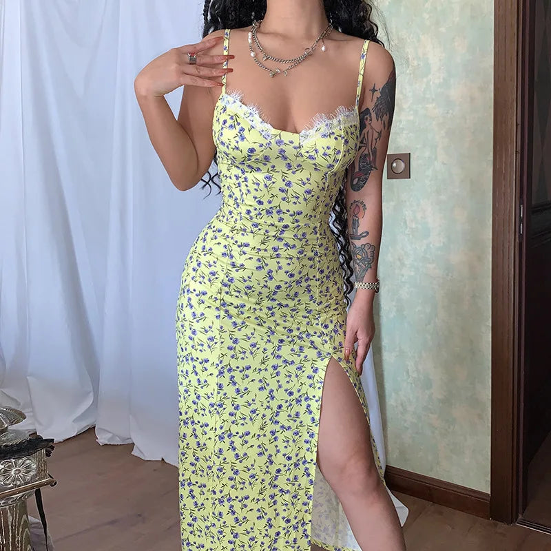 Floral Lace Trim Sweetheart Spaghetti Strap High Slit Slip Midi Dress