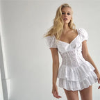 Eyelet Embroidered Sweetheart Puff Sleeve Tiered Ruffle Mini Dress