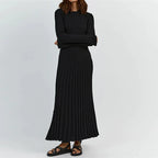 Ribbed Knit Crew Neck Lettuce Hem Long Sleeve Maxi Dress