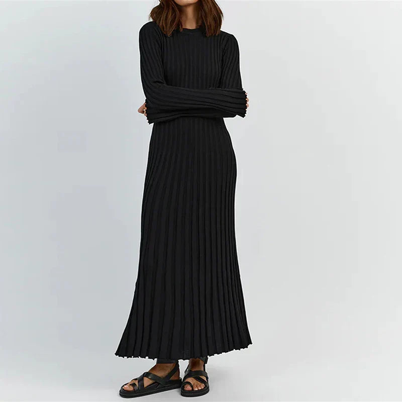 Ribbed Knit Crew Neck Lettuce Hem Long Sleeve Maxi Dress