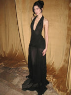 Halter Neck Open Back Bandage Bodice Sheer Mesh Skirt Maxi Dress