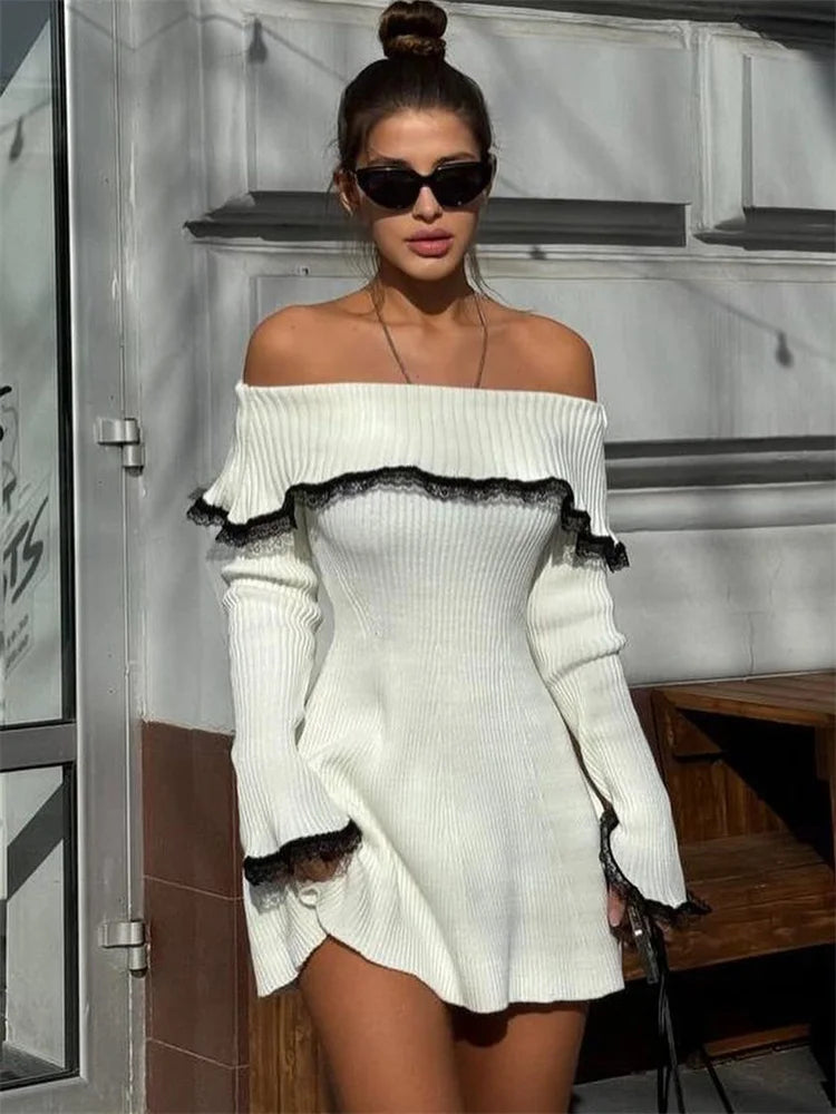 Rib Knit Off-Shoulder Lace Trim Bell Sleeve Bodycon Mini Dress