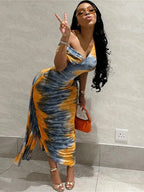 Tie Dye One Shoulder Draped Sleeve Ruched Side Sash Bodycon Maxi Dress