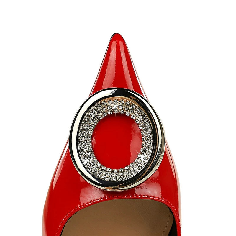 Red Women Pumps with Metal Buckle High Heels Stilettos for Luxury Banquets
