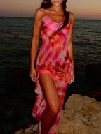 Lily Floral Print Abstract Wave Stripe Spaghetti Strap High Split Maxi Dress