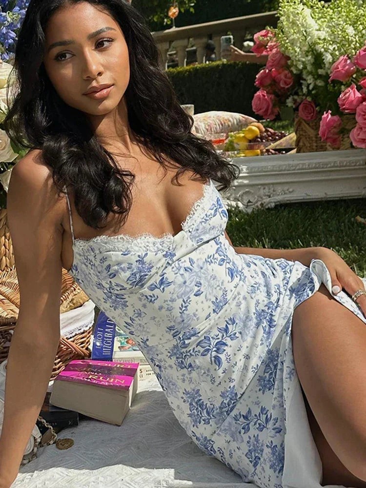 Floral Lace Trim Bustier Low Back Spaghetti Strap Midi Dress