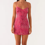 V-Neck Spaghetti Strap Floral Embroidered Beaded Fringe Mesh Mini Dress