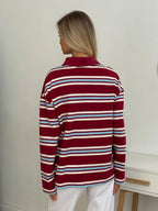 Spring Summer New Women's Retro Striped Polo Collar Oversized Long Sleeve T - Shirt Trendy Casual Loose Basic Top