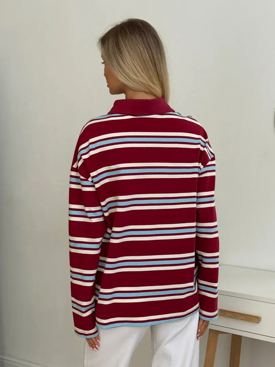 Spring Summer New Women's Retro Striped Polo Collar Oversized Long Sleeve T - Shirt Trendy Casual Loose Basic Top
