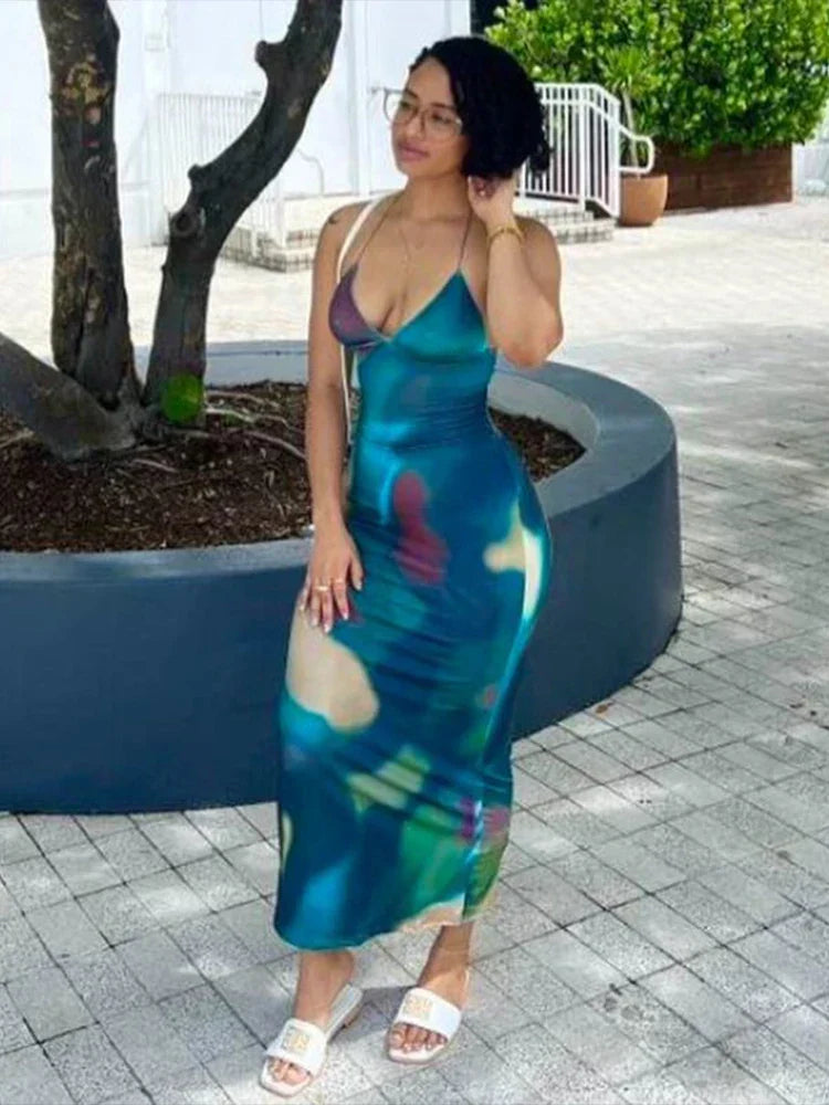 Marble Print Spaghetti Strap Deep V-Neck Bodycon Midi Dress