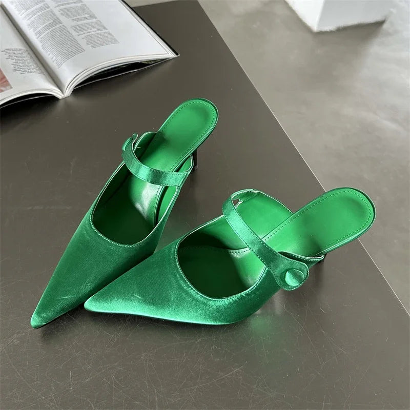 Satin Button Pointed Toe Pumps Slipper Women Fashion Thin High Heels