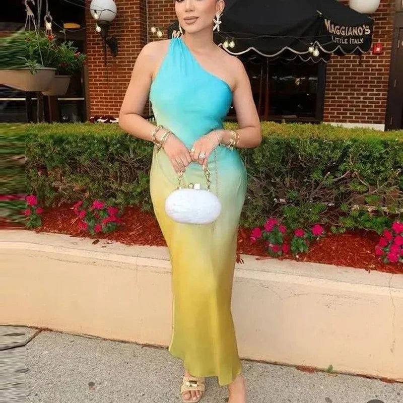One Shoulder Ombre Gradient Satin Bodycon Maxi Dress