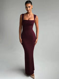 Square Neck Draped Bust Tank Strap Bodycon Maxi Dress