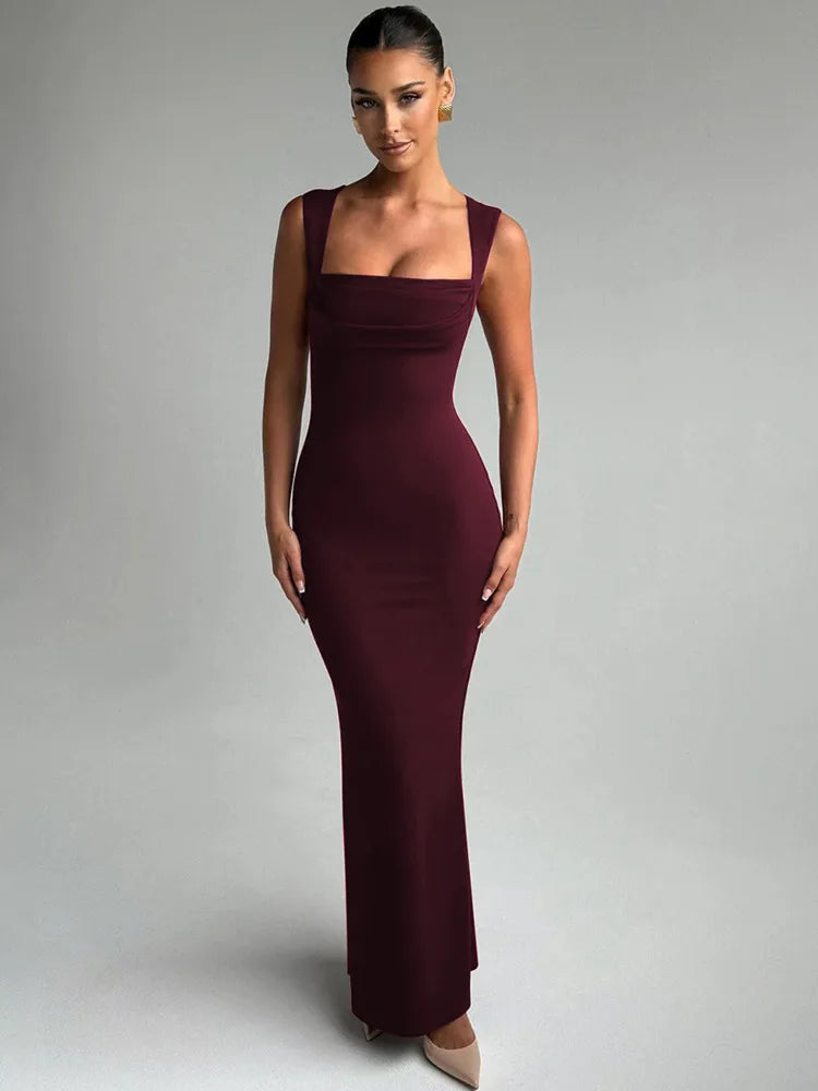 Square Neck Draped Bust Tank Strap Bodycon Maxi Dress