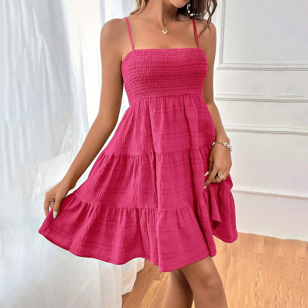 Smocked Square Neck Spaghetti Strap Tiered Ruffle Hem Mini Dress