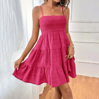 Smocked Square Neck Spaghetti Strap Tiered Ruffle Hem Mini Dress