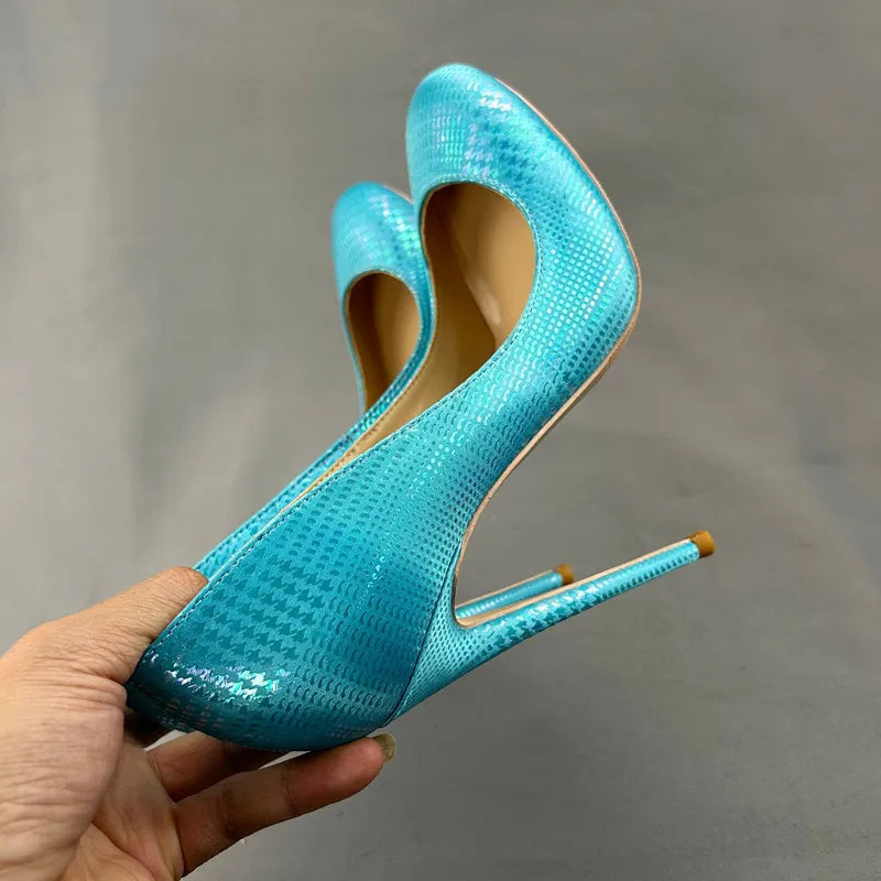 Green Blue Snakeskin Slip On High Heel Shoes for Women