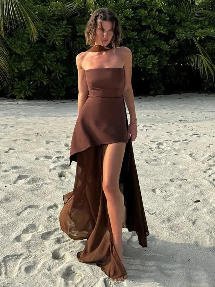 Strapless Structured Bodice Asymmetric Overlay Sheer High Slit Maxi Dress