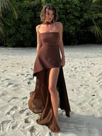 Strapless Structured Bodice Asymmetric Overlay Sheer High Slit Maxi Dress