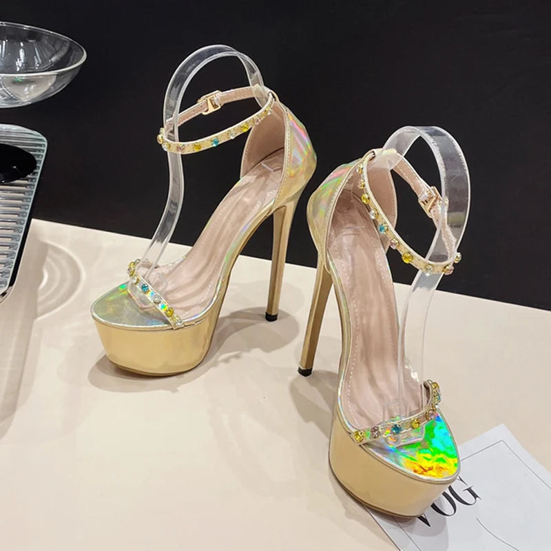 Summer Fashion Color Diamond Rivet Ankle Strap Platform High Heels for Women