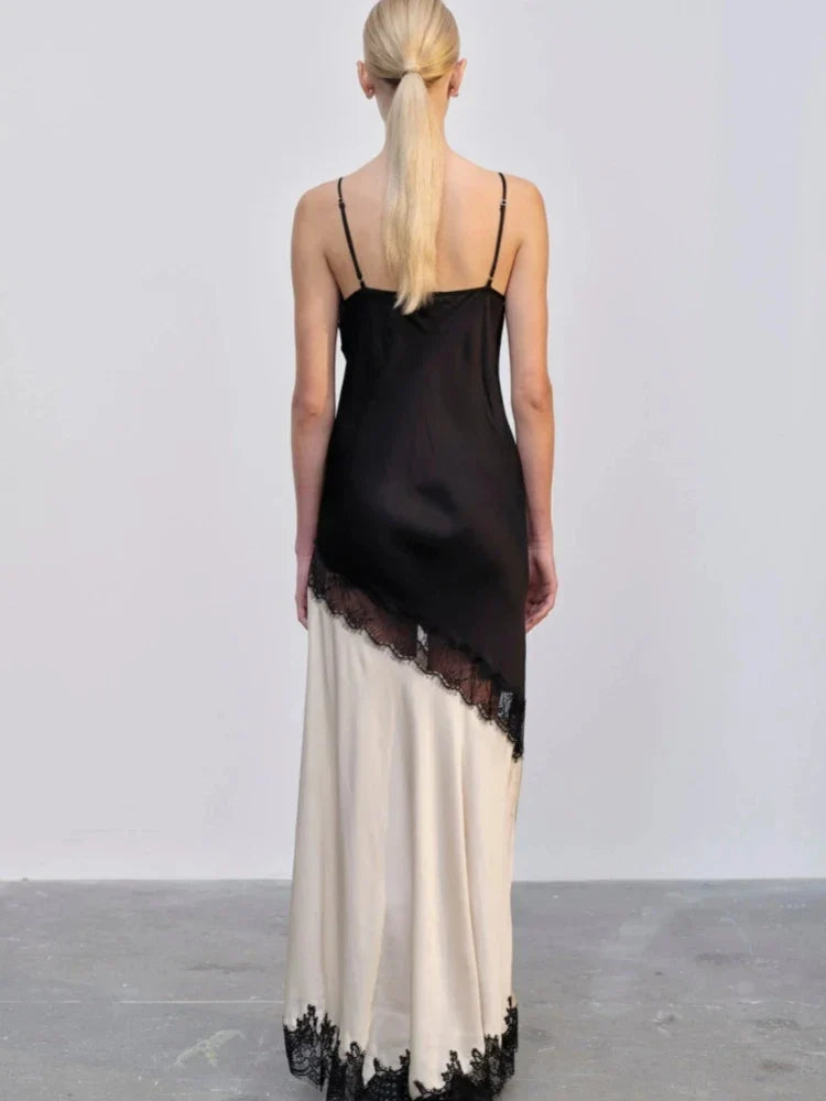 Lace Trim Colorblock Panel Spaghetti Strap High Split Maxi Dress