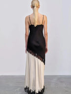 Lace Trim Colorblock Panel Spaghetti Strap High Split Maxi Dress
