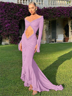 Mesh Long Sleeve Midriff Cut Out Ruffle Trim High Low Maxi Dress