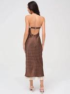 Strapless Polka Dot Lace Trim Ribbon Bow Ruffle Hem Midi Dress
