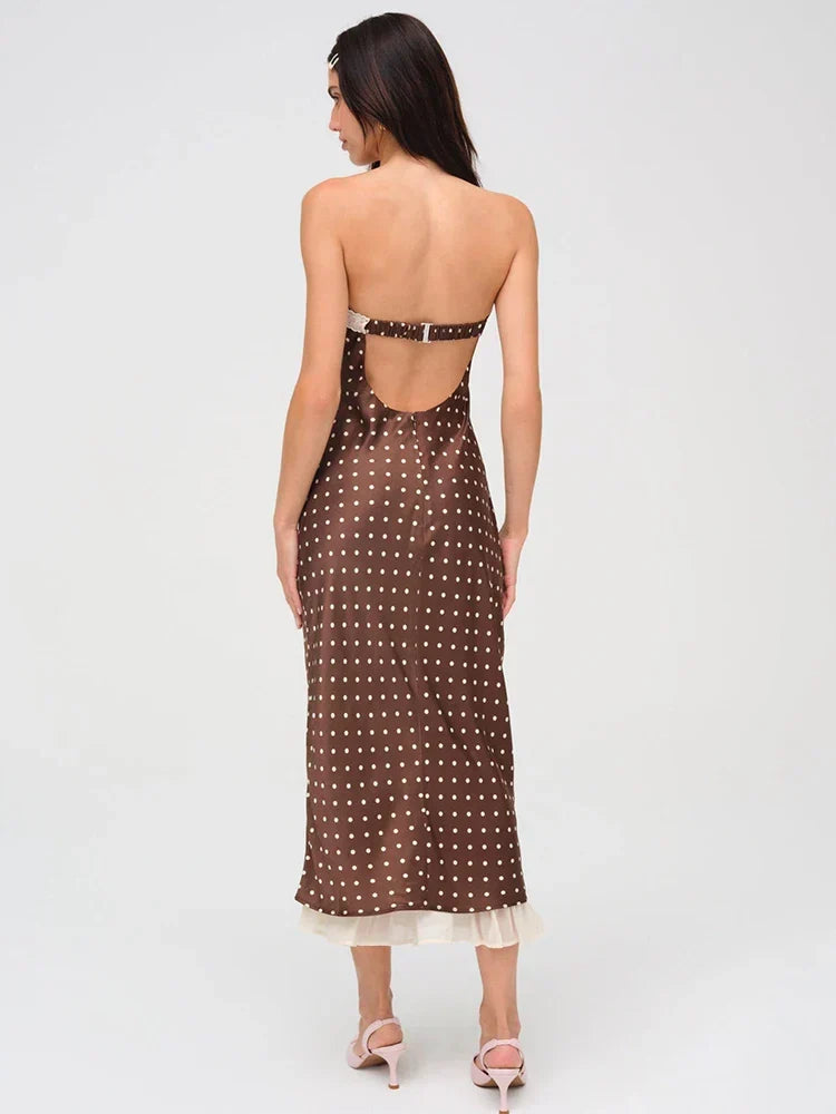 Strapless Polka Dot Lace Trim Ribbon Bow Ruffle Hem Midi Dress