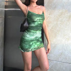 Spaghetti Strap Ruched Abstract Print Lettuce Hem Bodycon Mini Dress