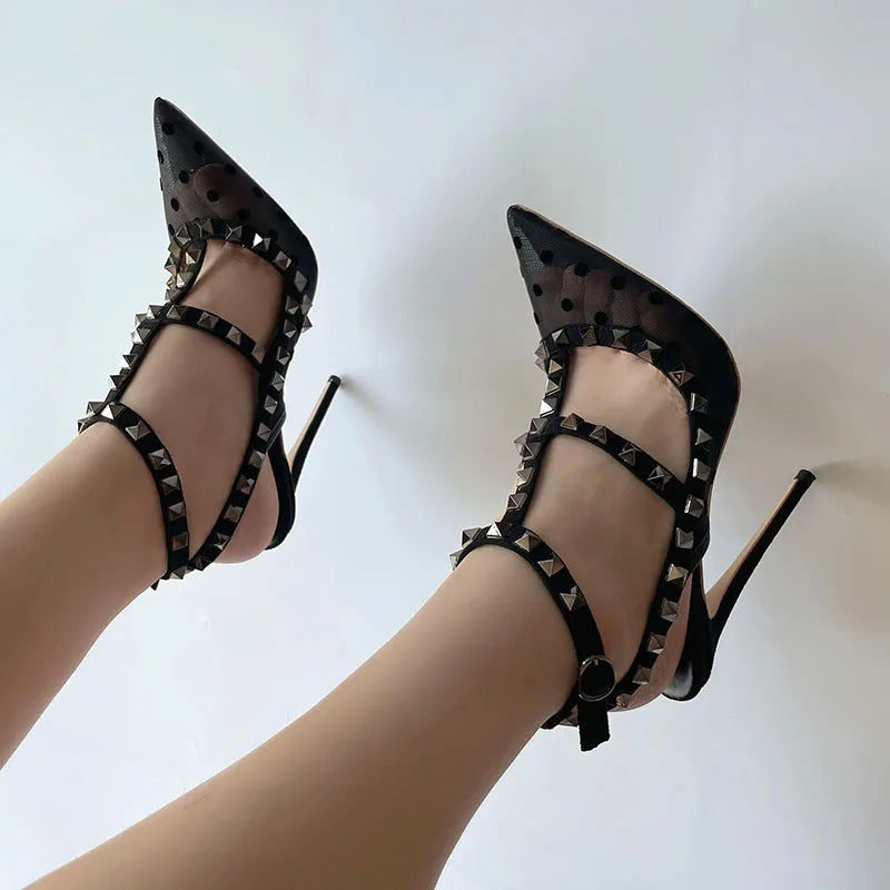 Black Gauze Mesh Gladiator High Heel Shoes with Summer Studs Rivets and Backless Design