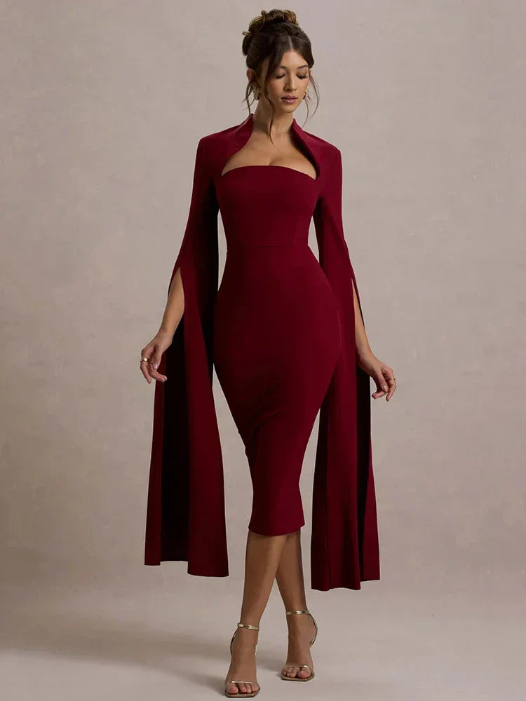 High Neck Cut Out Cape Sleeve Back Slit Bodycon Midi Dress