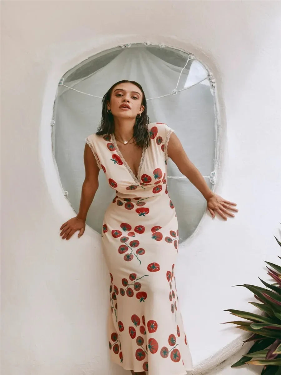 V-Neck Lace Trim Tomato Print Sleeveless Bodycon Midi Dress