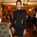 Mock Neck Padded Shoulder Side Cutout Long Sleeve Bodycon Mini Dress
