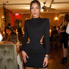 Mock Neck Padded Shoulder Side Cutout Long Sleeve Bodycon Mini Dress