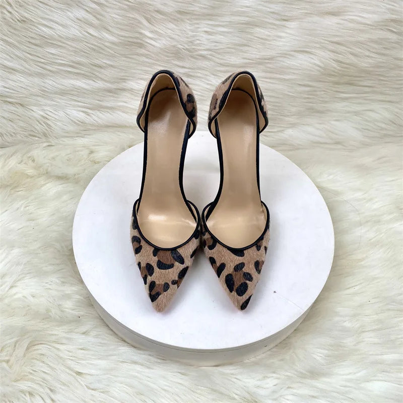 Brown Leopard Hairy Flock Pointy Toe High Heel Shoes