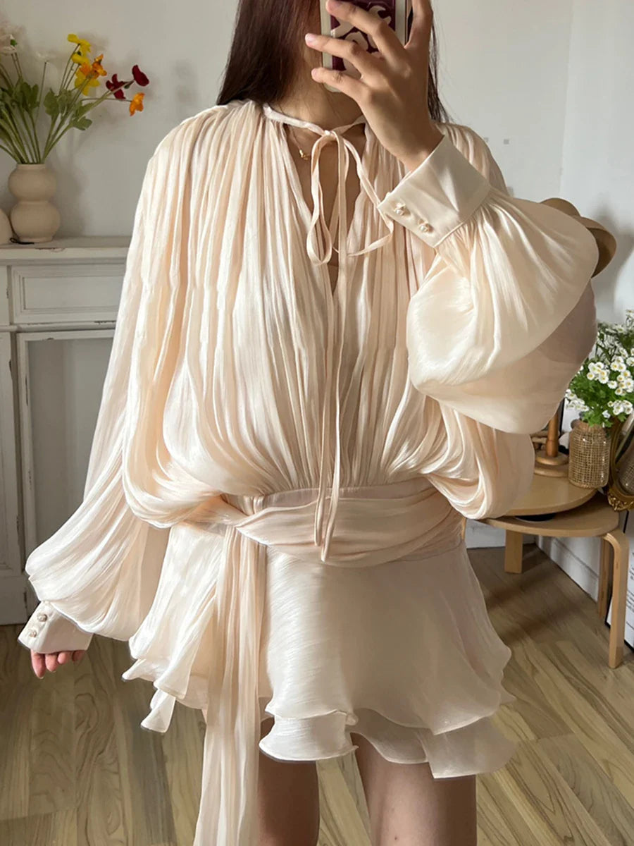 Lace Up V Neck Sweet Style Mini Dress