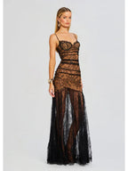 Strapless Lace Corset Tiered Ruffle High Split Maxi Dress