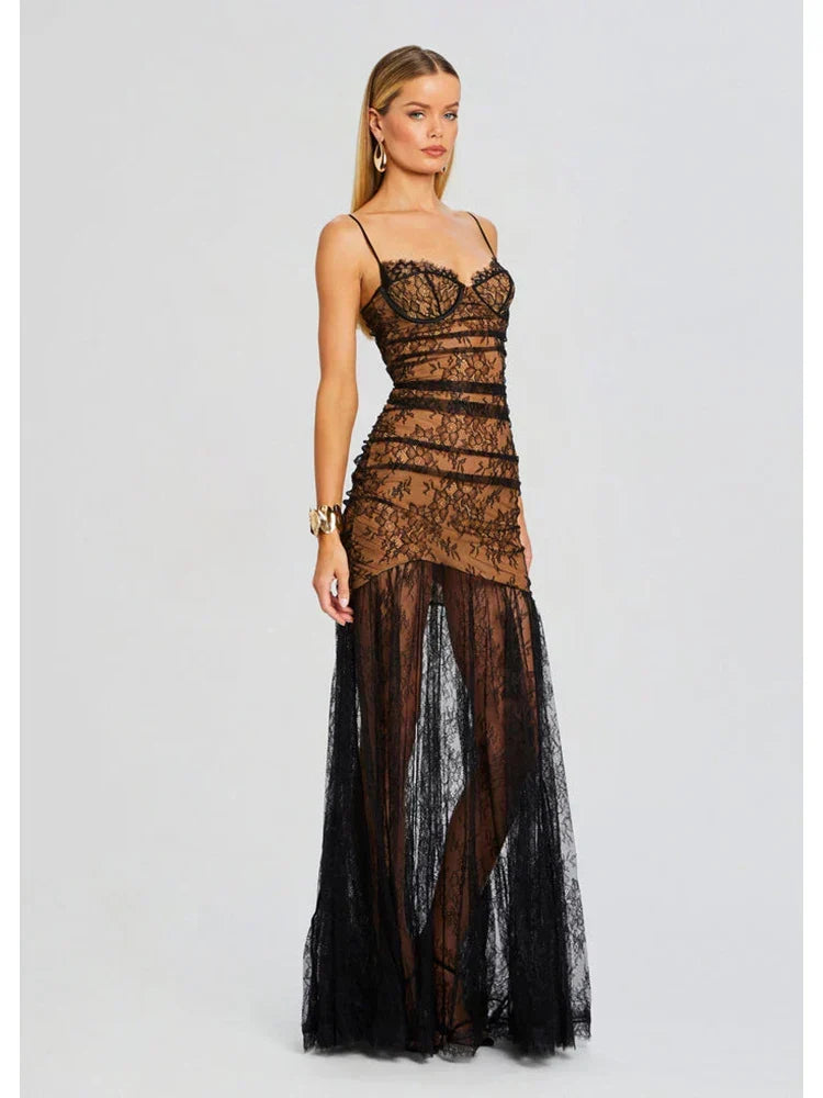 Strapless Lace Corset Tiered Ruffle High Split Maxi Dress
