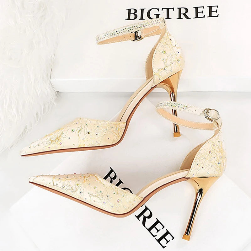 Rhinestone Women Pumps with Pointed Toe and Stiletto Heels
