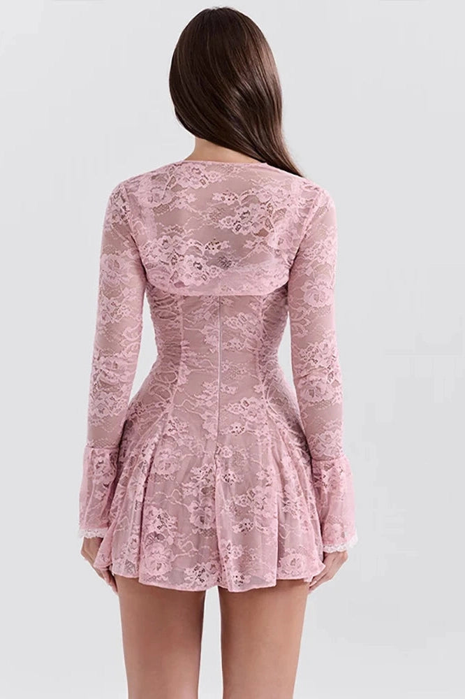 Printed Two-Piece Mini Dress with See-Through Flare Sleeves