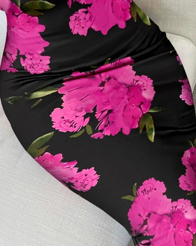 Scoop Neck Lace Trim Spaghetti Strap Floral Print Bodycon Midi Dress