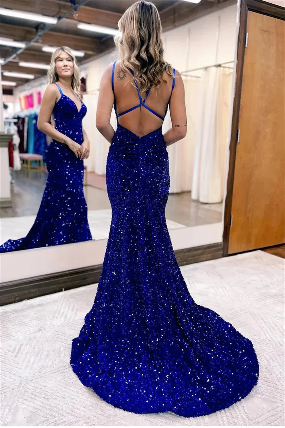 Sequin Criss Cross Back Deep V-Neck Mermaid Maxi Gown