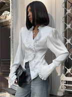 TAIVIMART  -  White Ruffled Vintage Shirts For Women Patchwork V-Neck Long Sleeve Autumn Elegant Streetwear Female Cardigan Blouses