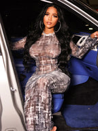 Sheer Mesh Cross Print Boat Neck Long Sleeve Bodycon Maxi Dress