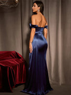 Off Shoulder Sweetheart Ruched Satin Draped Sash High Slit Mermaid Maxi Gown